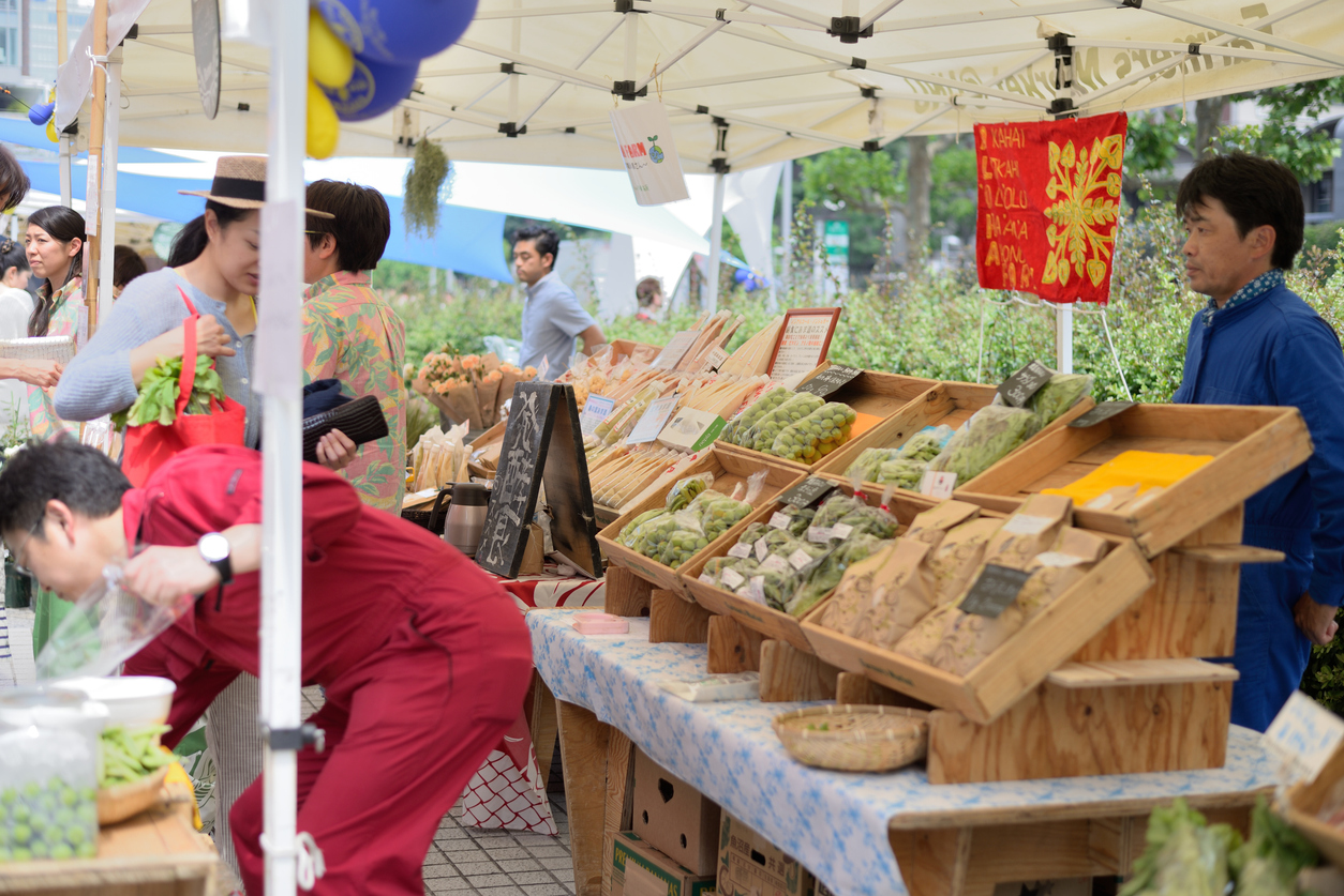Outdoor local market with vendors selling seasonal produce and local foods